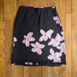 Vintage Y2k Black Floral Print Ruffle Trim Skirt